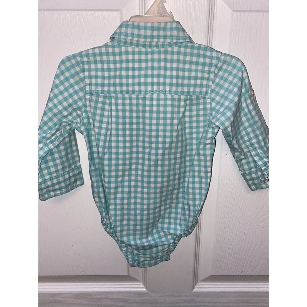 t  BABY GAP basic oxford button front snap crotch blue checkered shirt 12-18mos